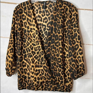 Rinna Bruni Animal Print Blouse Top Fold Over Front Size Large Black Brown